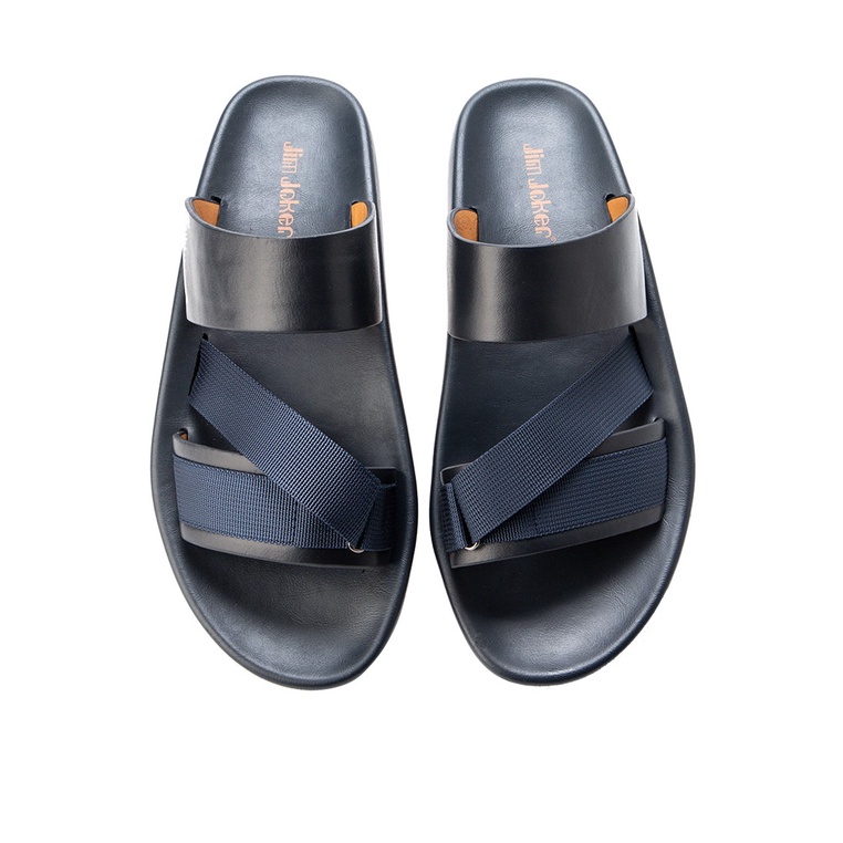 SANDAL CASUAL JIM JOKER PRIA ORIGINAL SLIDE KULIT BIRU NAVY JJ25