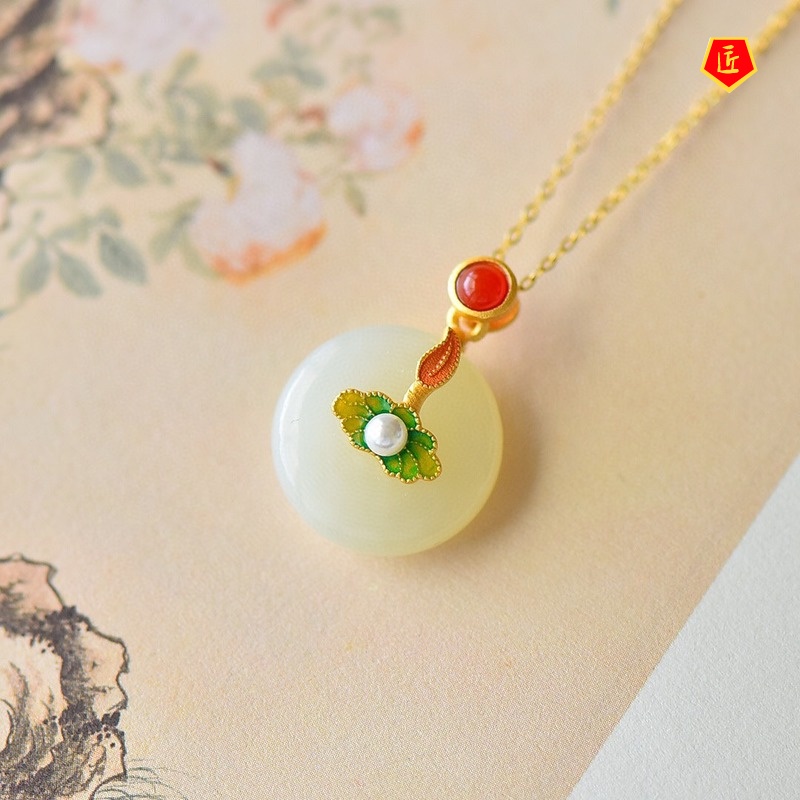 [Ready Stock]Lotus Leaf Earrings Jade Pendant Bracelet Ring Retro Set