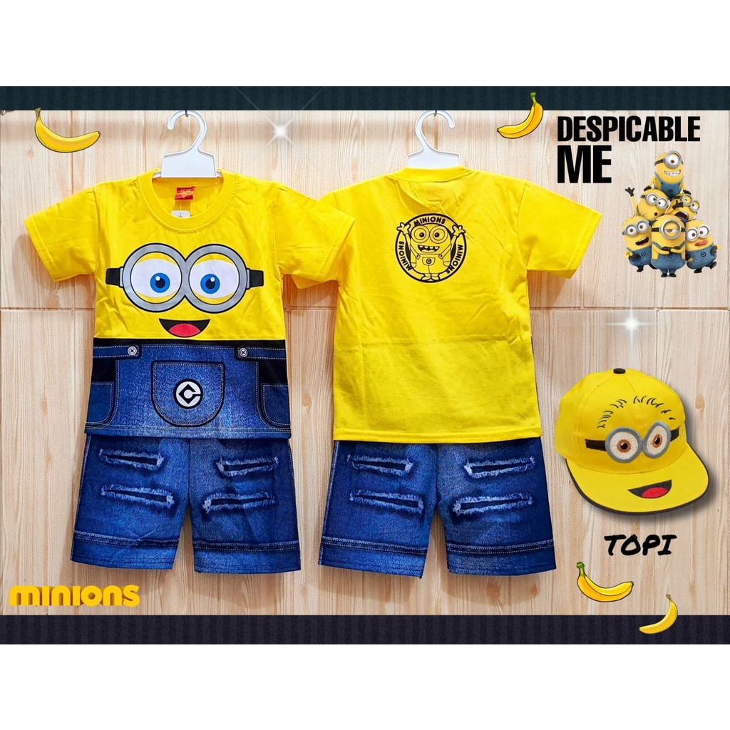 Setelan Minion Pendek + Topi Anak Umur 2 - 10 Tahun Pakaian Kaos Atasan Minion Pendek + Topi Anak SGL