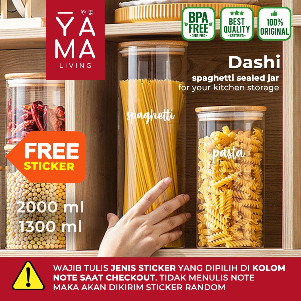 YAMA DASHI Glass Bamboo Jar Toples Pasta Spaghetti Kedap Udara Kaca Tempat Bumbu Dapur 2000 1300 ml