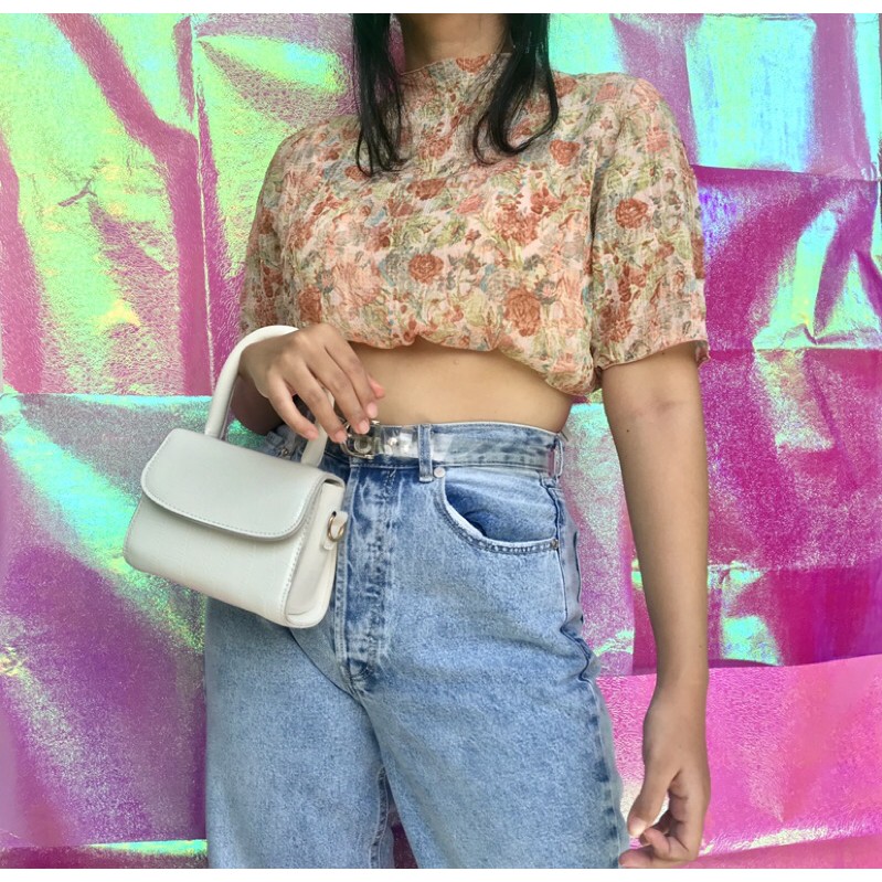 Orange flower mesh top y2k (/preloved
