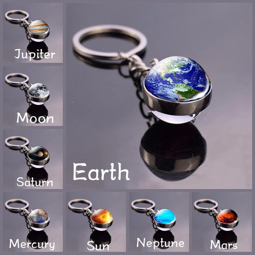 QUINTON Planet Keyring Hadiah Ulang Tahun Matahari Double Side Galaxy Moon Glass Ball Luminous