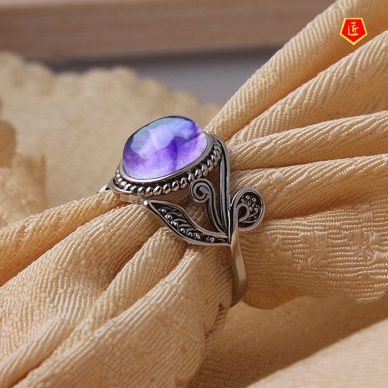 [Ready Stock]Retro Amethyst Ring Silver Diamond Elegant Niche Design