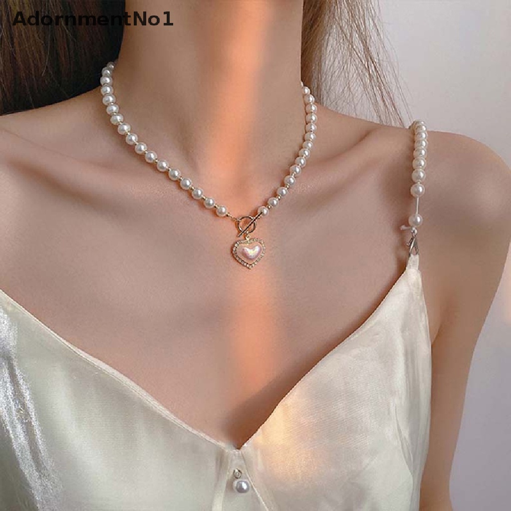 (AdornmentNo1) Kalung Rantai Dengan Liontin Hati + Mutiara + Berlian Imitasi Elegan Gaya Korea Untuk Wanita