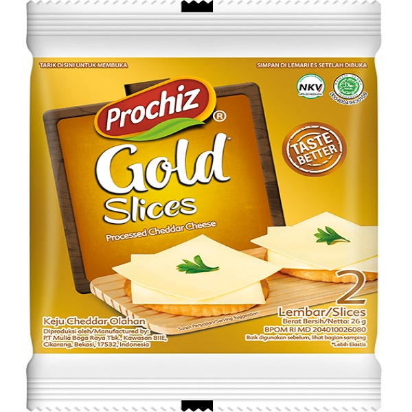 PROCHIZ GOLD CHEDDAR CHEESE SLICE 26GR ISI 2 LEMBAR KEJU CEDAR LEMBARAN HALAL