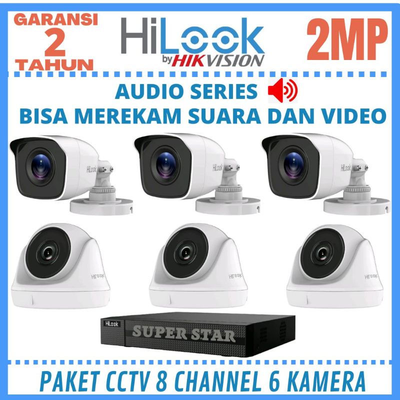 PAKET CCTV HILOOK 8 CHANNEL 6 KAMERA 2MP AUDIO SERIES BISA MEREKAM SUARA+VIDEO