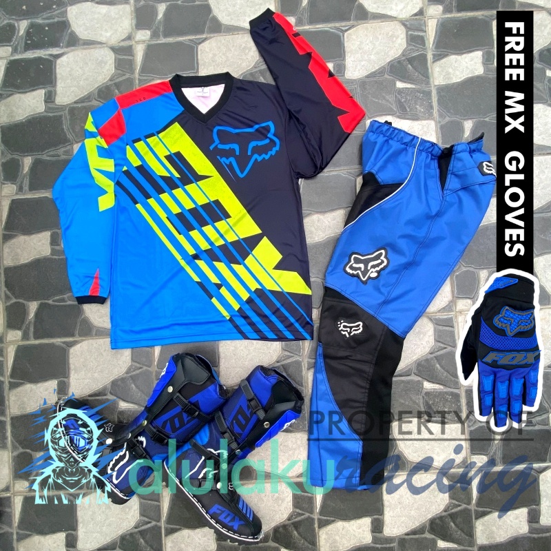 Jersey, Celana, Sarung Tangan &amp; Sepatu Fullprint with Protectors Fullset MX Trail Motocross - Paket Bundling FOCTFG090706-F46