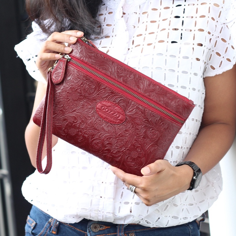 CLUTCH WANITA KULIT SAPI PULL UP ASLI LAILY DOUBLE ZIPPER BATIK MAROON / FREE GRAVIR NAMA