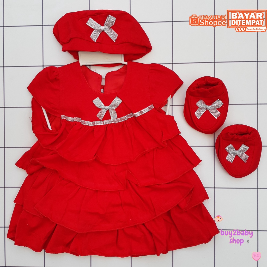 Setelan Dress Bayi Cewek lengkap Topi Pita Sepatu Set Pon-Pon Red Series 0-3 bulan 1 PCS