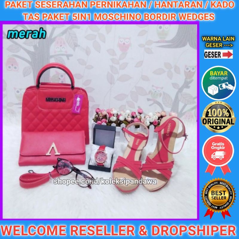 TAS PAKET SESERAHAN PERNIKAHAN JAM TANGAN DOMPET KACAMATA FASHION SANDAL WEDGES WANITA SENDAL WEDGES