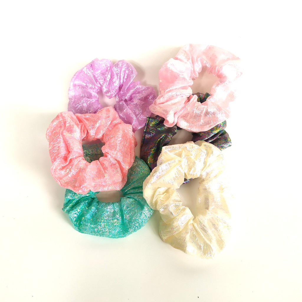 SCRUNCHIE JEPANG SATIN - Warna Mermaid Metalik Gliter - Kuncir Ikat Rambut Scrunchie PREMIUM