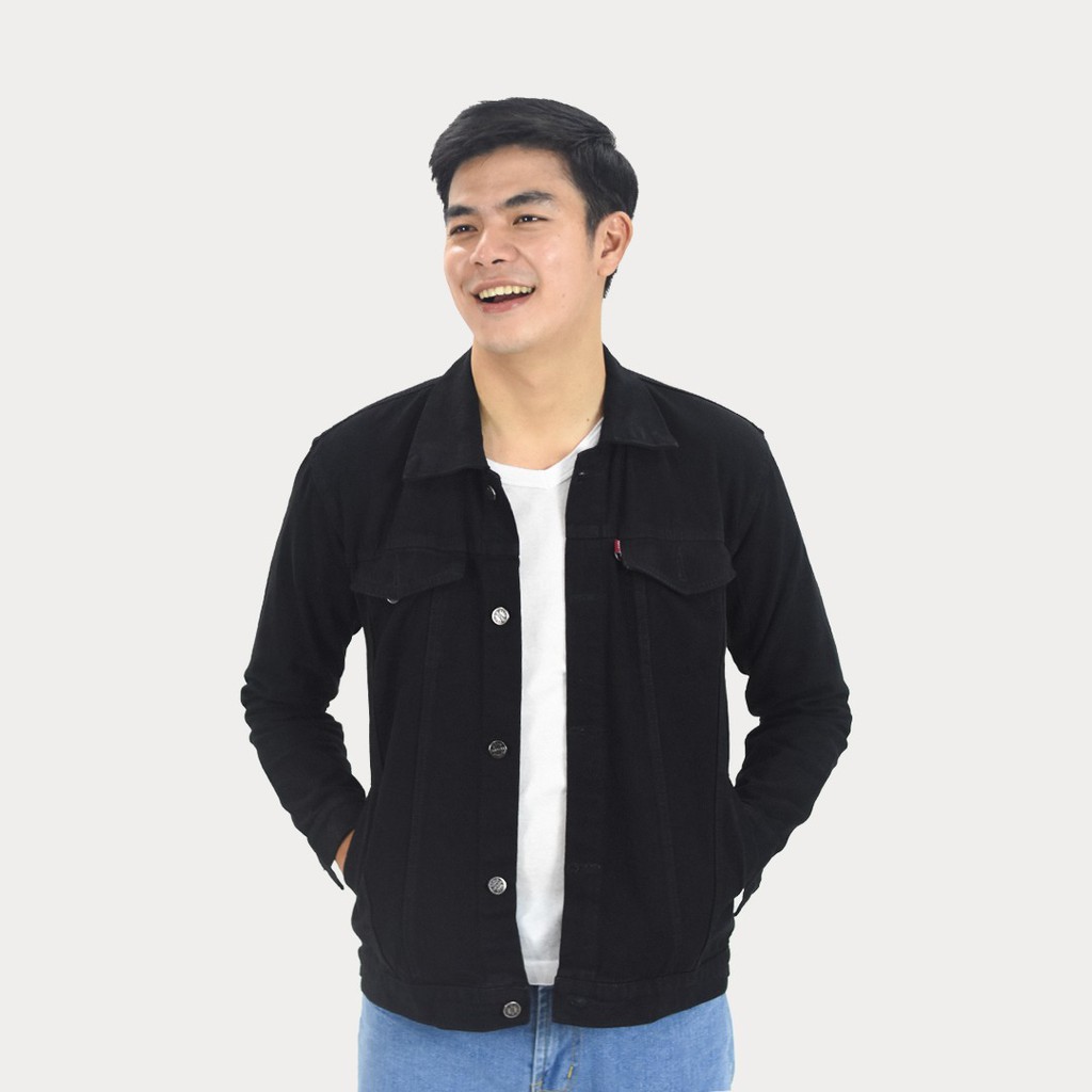 EMOLINE Jaket Jeans Pria Denim Tebal High Quality Hitam Pekat Full Black