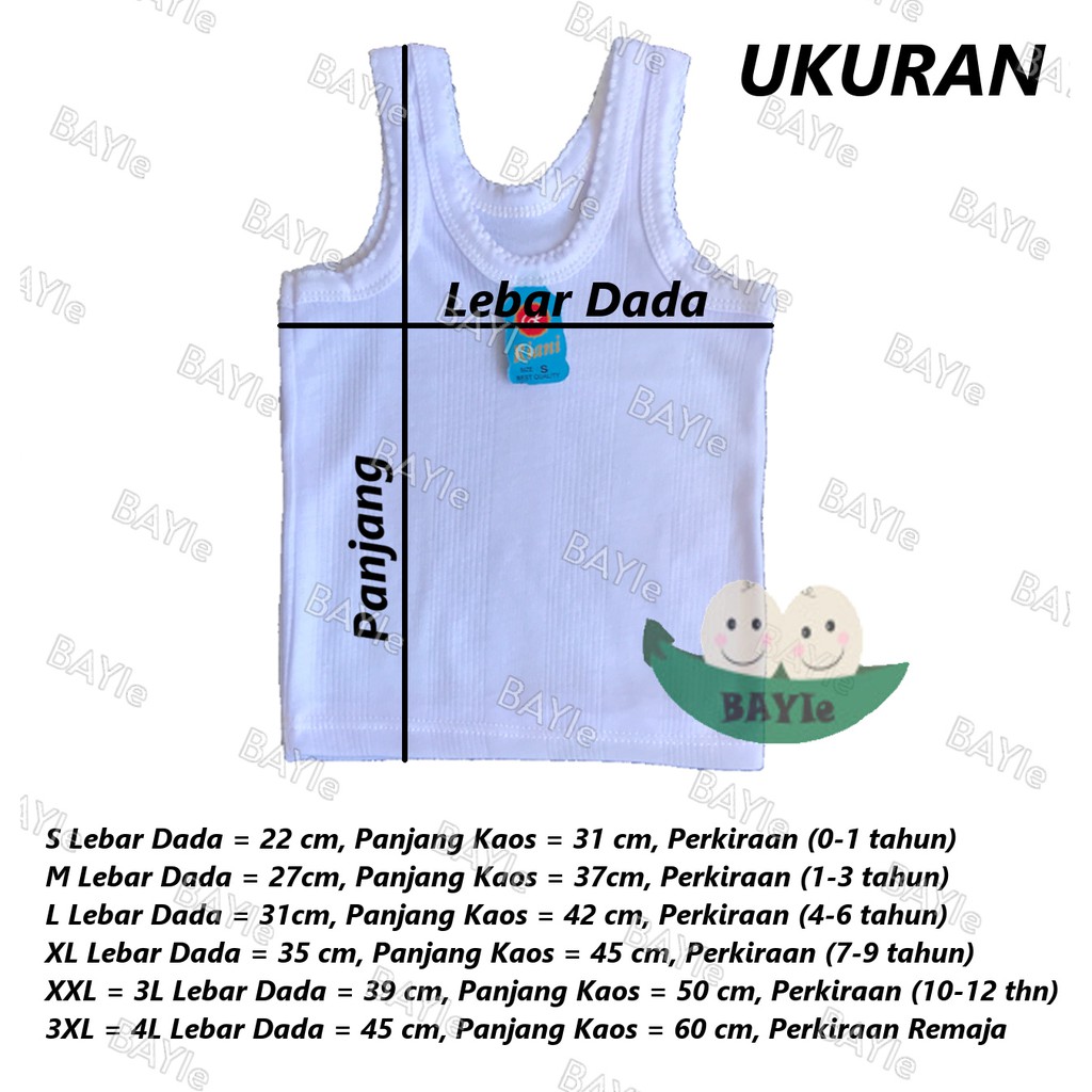 BAYIe - 3 PCS Kaos Dalam/Singlet Bayi/Anak Putih ORIN/RIANI/GAIXIN umur 0-12 tahun S, M, L, XL, 3L