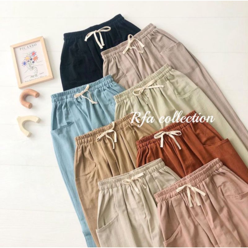 Lula Pants Celana Linen Rami Highwaist Pinggang Karet