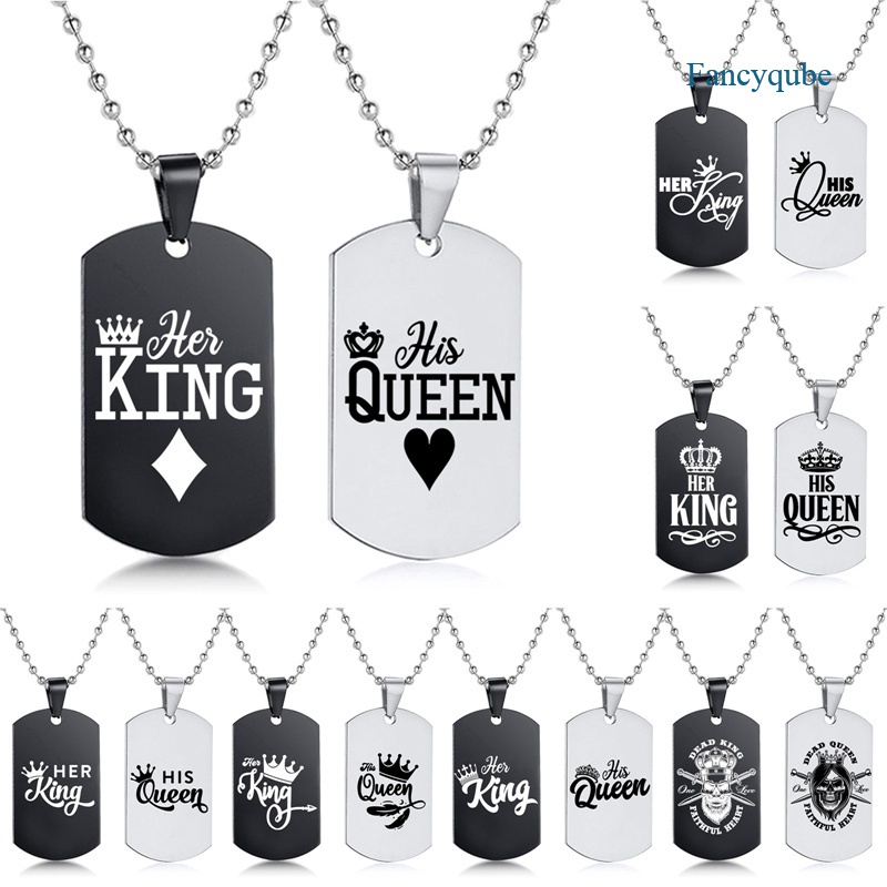 Fancyqube 2pcs / Set Kalung Tag Ukir Tulisan Her King His Queen Warna Hitam Untuk Hadiah Valentine