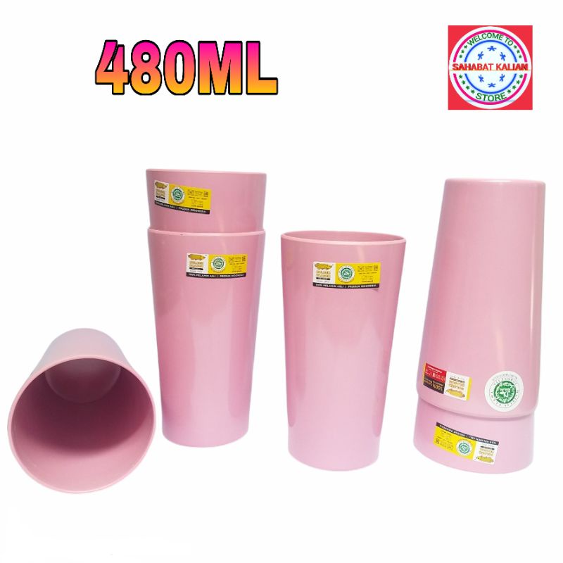 (6 PCS) GELAS MELAMIN RATA BESAR GOLDEN DRAGON B0402 PINK 480ML