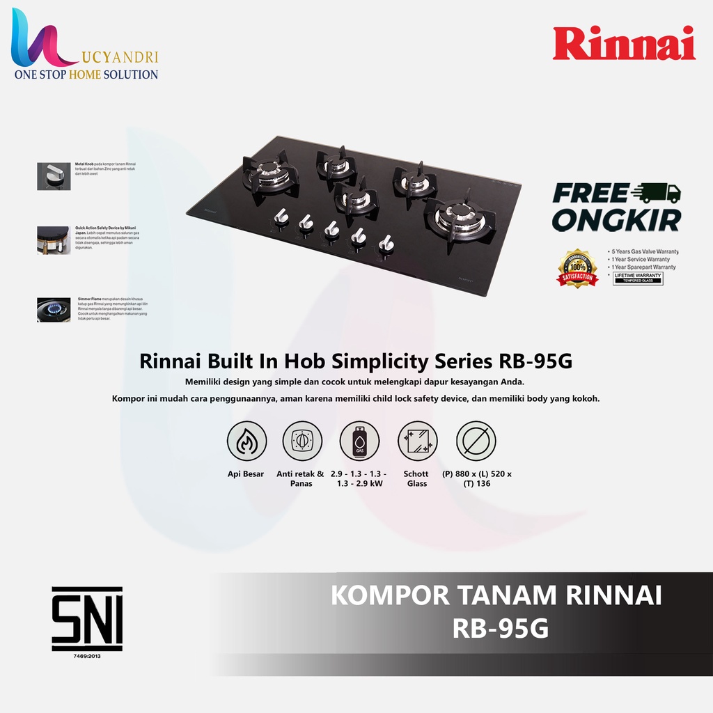 Kompor Tanam Kompor Tanam Rinnai RB 95 G kaca 5 tungku FREE ONGKIR