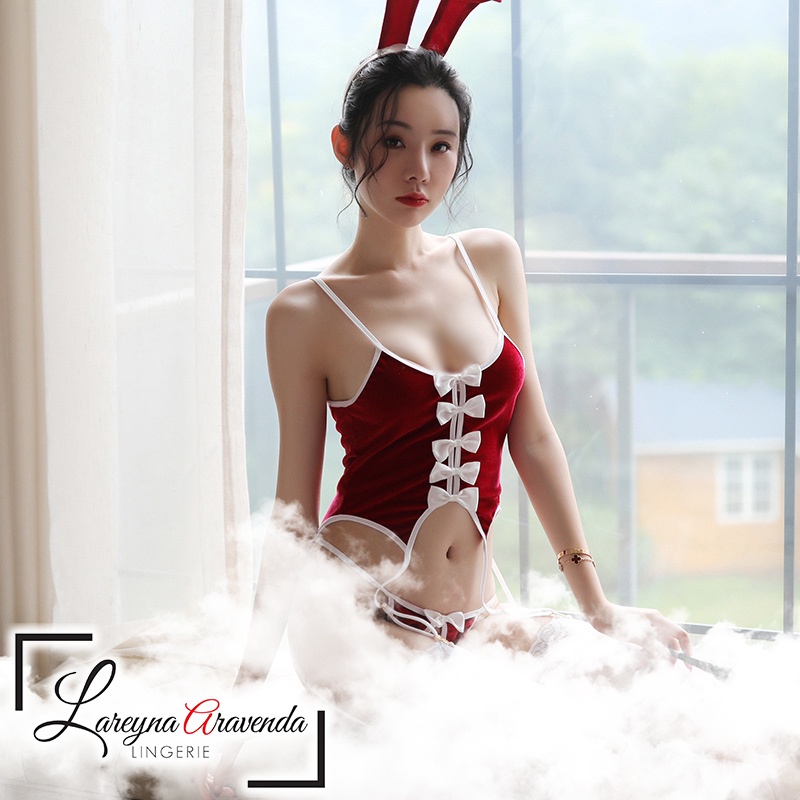 Set Baju Lingerie Seksi &amp; Bando &amp; G String Model Cosplay Bunny Beludru LG105