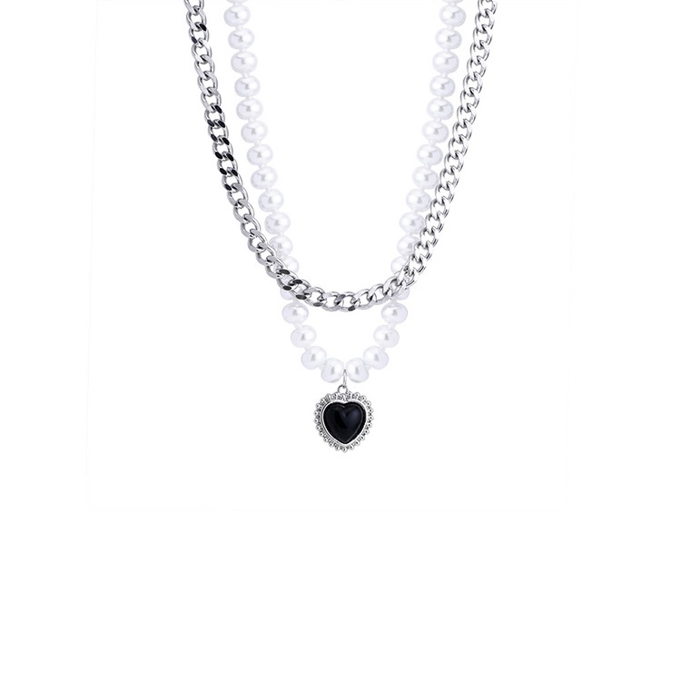 Black Love Necklace Accessories Personality Double-layer Pearl Clavicle Chain Temperament