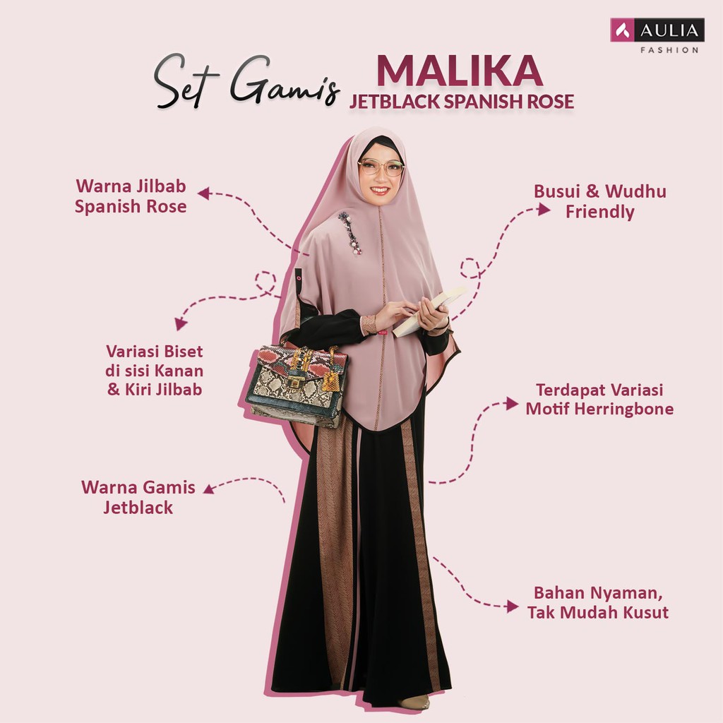 Gamis Aulia Fashion Set Malika Jetblack Spanish Rose Bahan Nirmala
