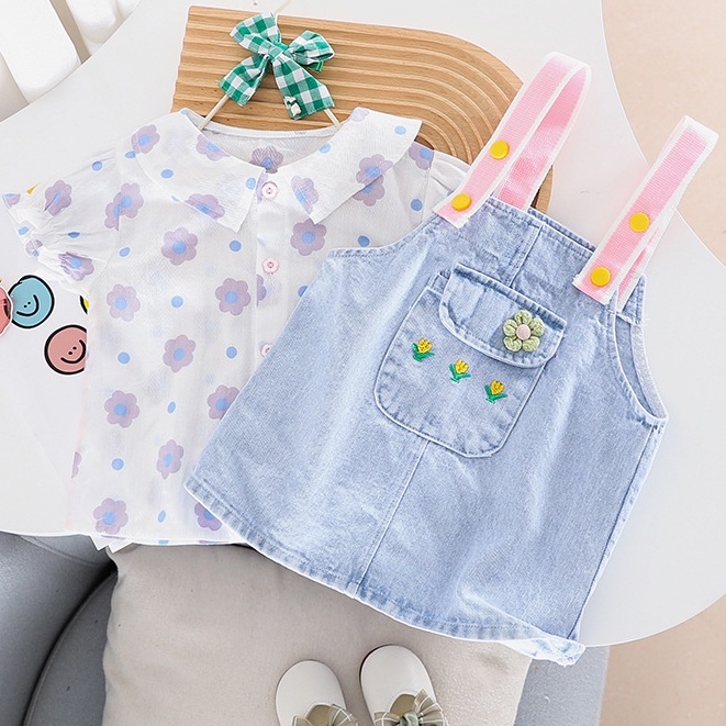Baju Set 2pcs Overall Jeans ABEL Pakaian Anak Perempuan Balita Korean Style Import