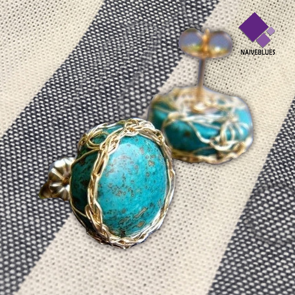 Anting Stud Bentuk Bulat Turquoise Imitasi Gaya Vintage Untuk Wanita