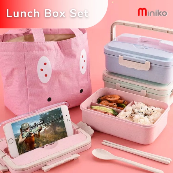 Tempat Bekal Makan satu set - Lunch Box Set Kotak Bekal Makan Jerami Gandum kotak makan Anti Tumpah Free Sendok dan Garpu