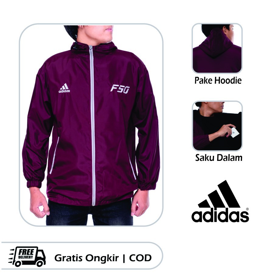 Jaket Pria Parasut Outdor Running Tracker F50 Maroon Strip Abu