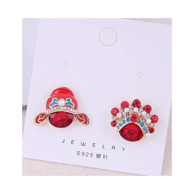 LRC Anting Tusuk Fashion Red 925 Silver Needle Flower Asymmetrical Earrings A59875