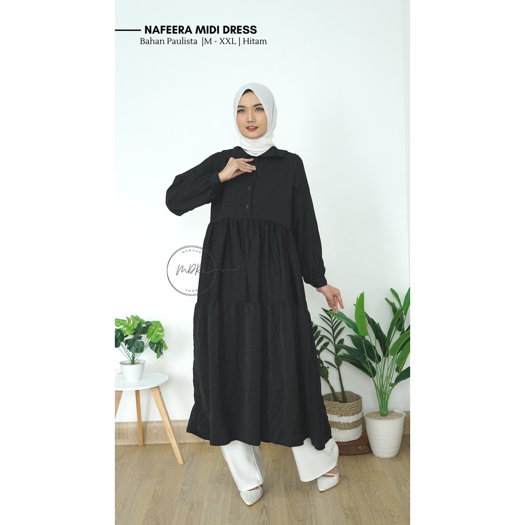 Nafeera Midi Dress Wanita Muslim Busui Jumbo Lengan Panjang Bahan Paulista Premium Size M L XL XXL Motif Polos Terbaru  Long Tunik rempel susun remaja Kekinian 2022