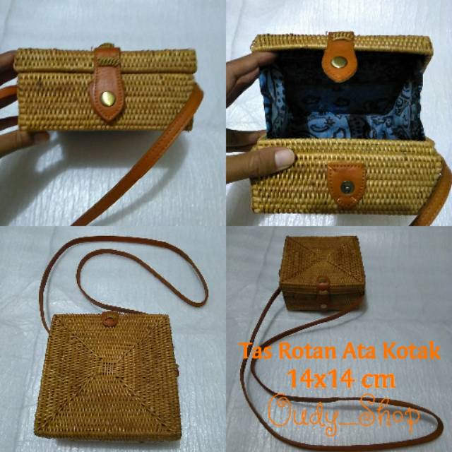 Tas Selempang Bali Tas Rotan Ata Kotak Kecil 14x14cm Kancing Klip