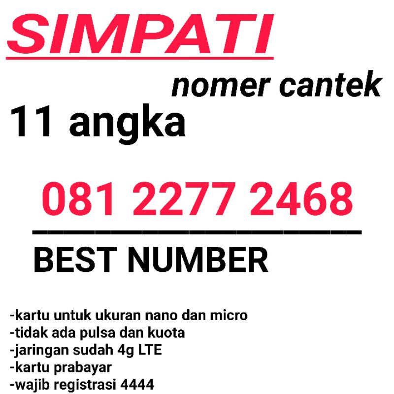 KARTU PERDANA NOMOR CANTIK SIMPATI TELKOMSEL 4G 2277 2468 11 angka