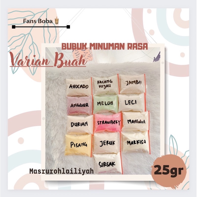 

SERBUK MINUMAN/BUBUK MINUMAN ANEKA RASA VARIAN BUAH 25gr