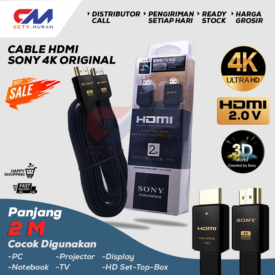 KABEL HDMI SONY 2 METER - CABLE HDMI TO HDMI - GOLD PLATE 3D Support- 2.0V 2 METER ORIGINAL-HDMI MALE TO MALE