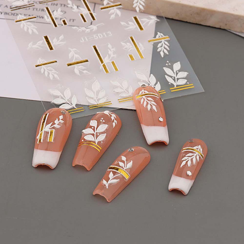 AUGUSTINA Agustina Bunga Stiker Kuku Wanita 5D Relief Alfabet Inggris Daun Self Adhesive Nail Art Dekorasi