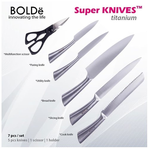 BOLDE SUPER KNIVES TITANIUM 7 PCS SET SILVER PISAU STAINLESS STEEL KNIFE GUNTING SCISSOR