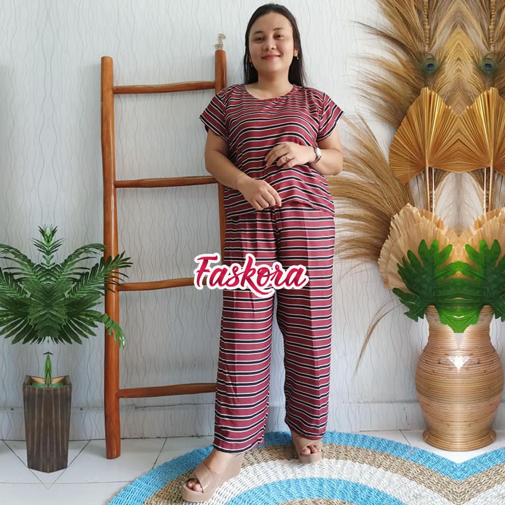 Piyama Wanita Dewasa Jumbo / Pajamas Rayon Set Lengan Pendek / Setelan Rayon Jumbo Pendek XXL Salur