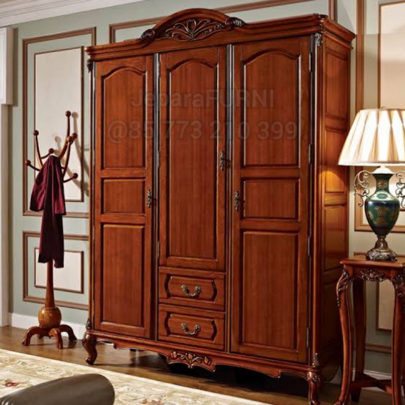 Promo Lemari pakaian 3 Pintu 2 laci kayu jati jepara free gift