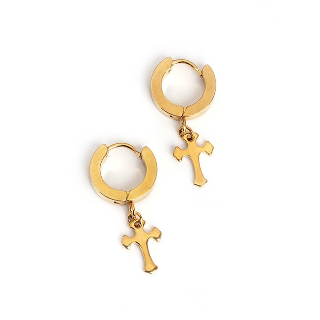 LRC Anting tusuk Fashion Golden Cross Titanium Steel Round Ear Studs D80087