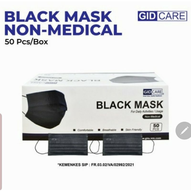 Masker Hitam earloop Gidcare 3ply Black Mask earloop 3ply