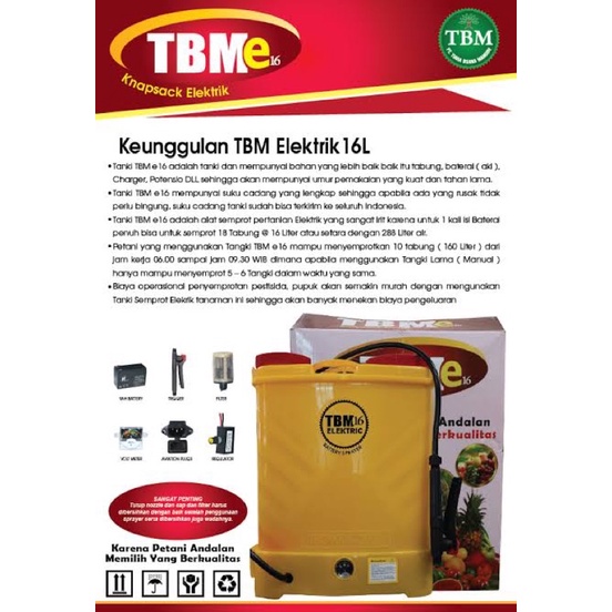 TANGKI SPRAYER TBM ELEKTRIK - KNAPSACK ELEKTRIK TANAMAN - SEMPROTAN DESINFEKTAN 16 L