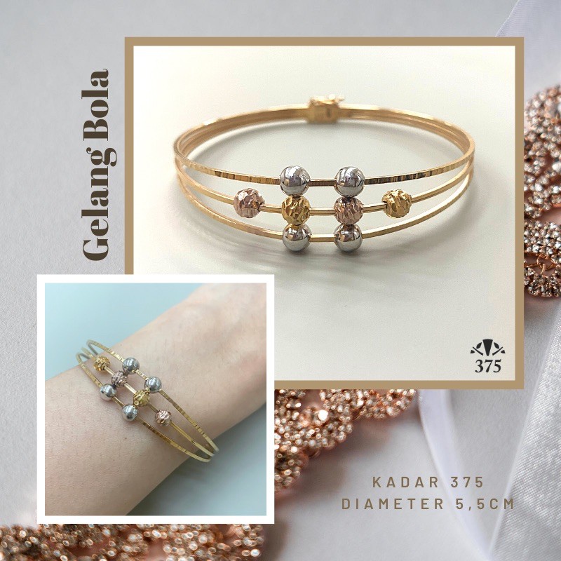 GELANG BOLA KOMBINASI 3 WARNA EMAS ASLI KADAR 375