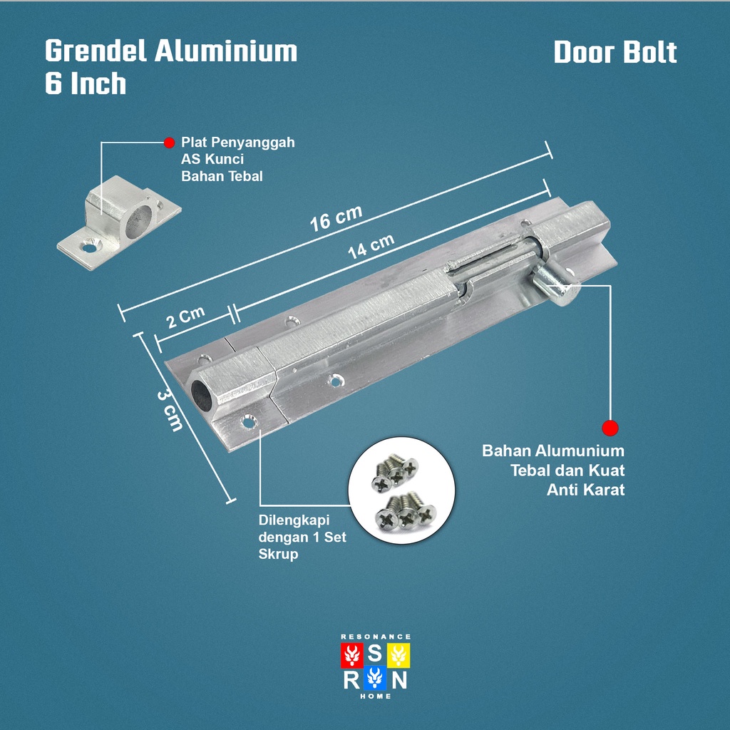 Slot Pintu Jendela Grendel 6 Inch 15cm Alumunium + Skrup dan Baut Resonance Home