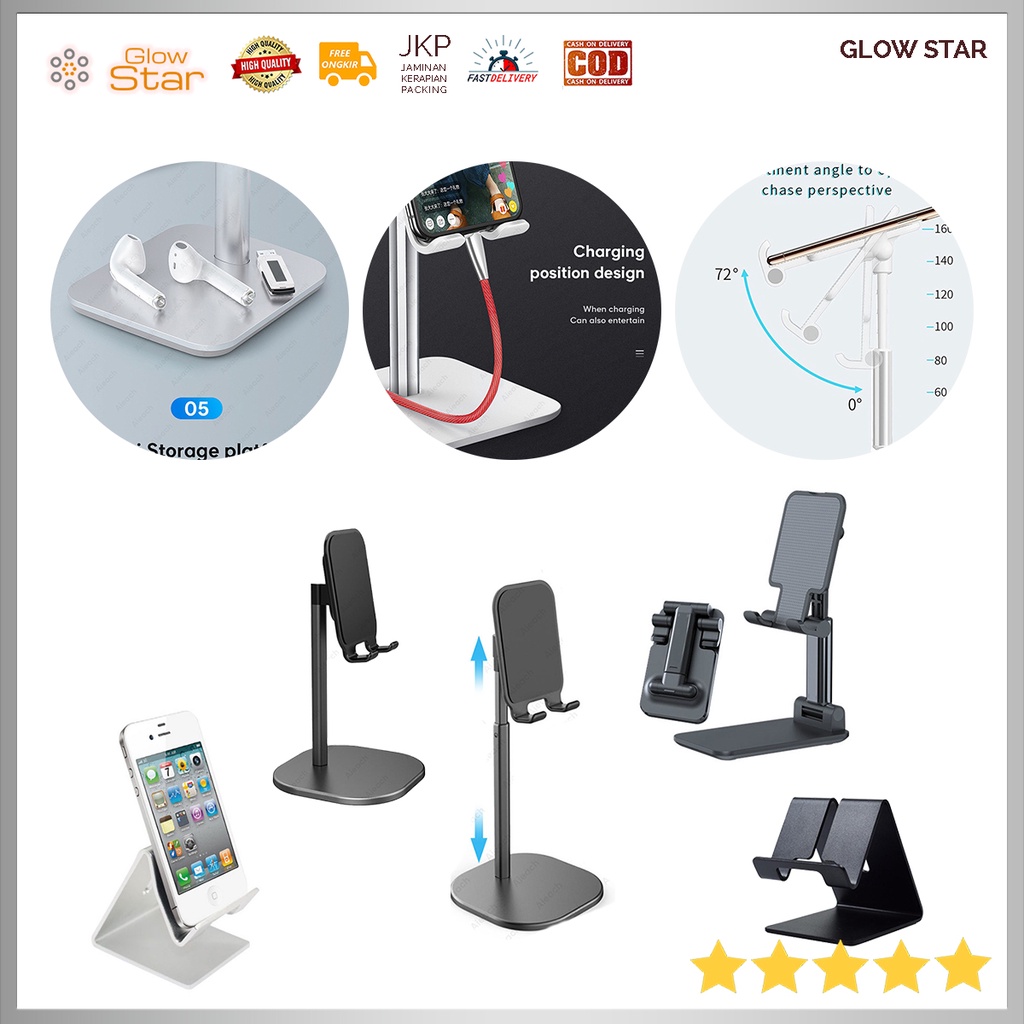 Dudukan Smartphone Stand Holder Handphone Telescopic Black ALuminum Besi Adjustable Foldable Tekuk