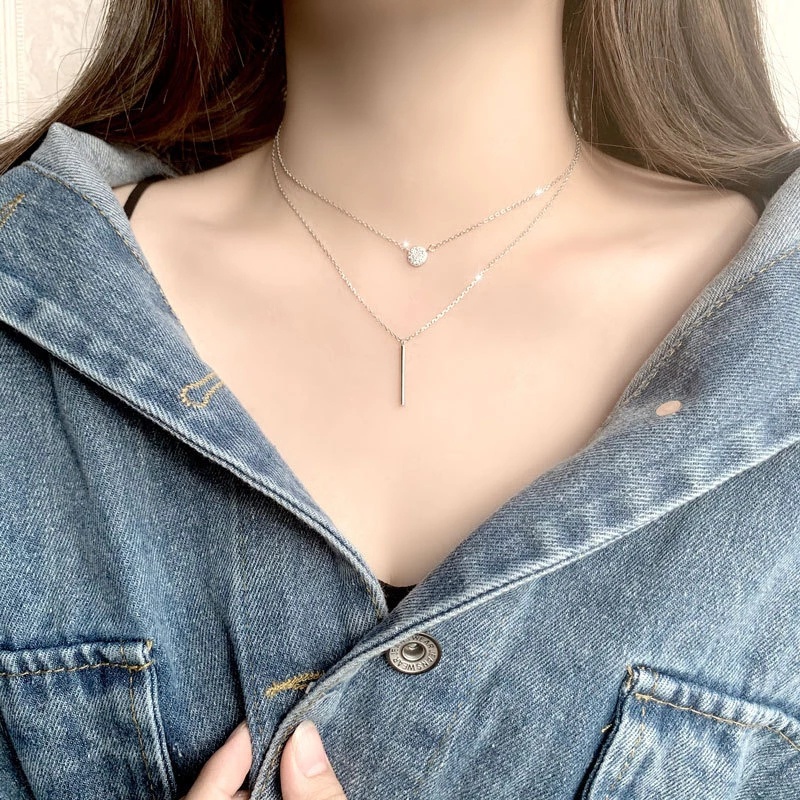 INS Cold Wind Long Strip Pendant Double Necklace/ Round Flash Diamond Clavicle Necklace/ Golden Silver Color Exquisite Alloy Necklace/ Female Simple Temperament Jewelry Accessories