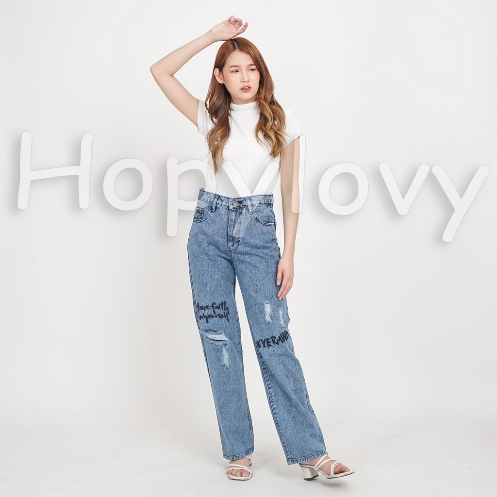 HOPYLOVY Celana Jeans Wanita Boyfriend Jeans High Waist Loose Sobek Lutut Bordir Neveline