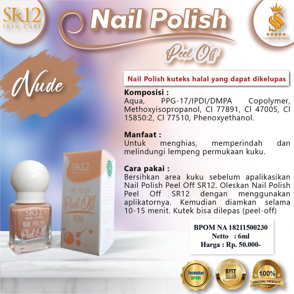 KUTEK MUSLIMAH HALAL / TERLARIS  SIMPLE ANTI RIBET / NAIL POLISH PEEL OFF NUDE SR12 / KUTEK MUDAH DI