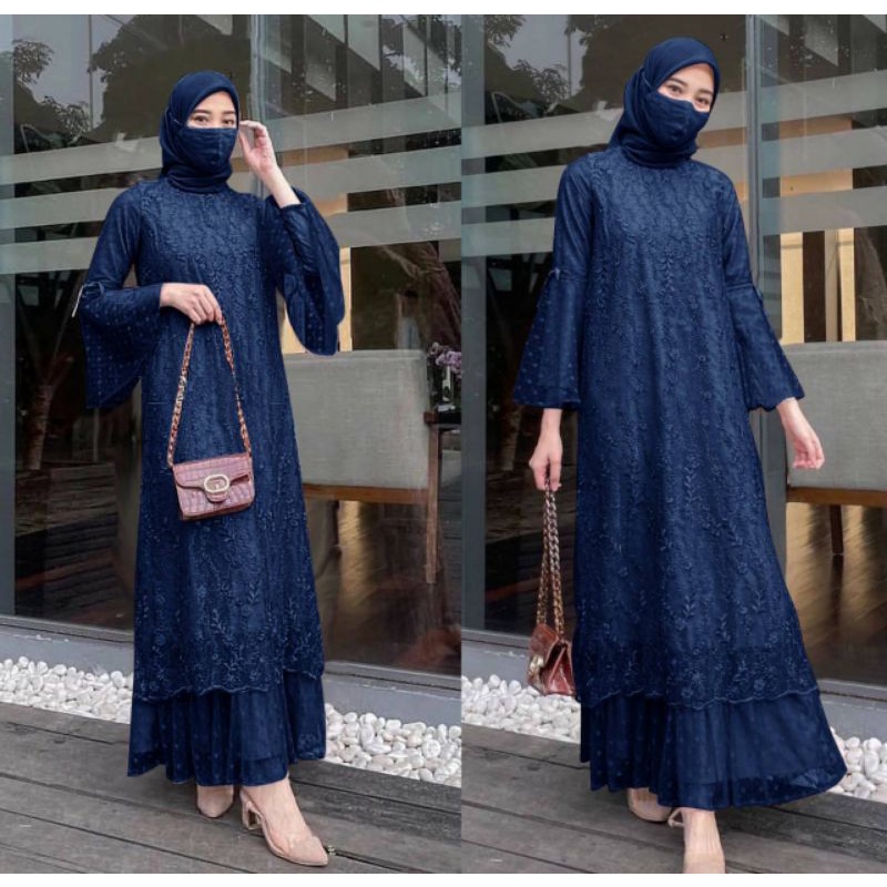 MAXY GELA, BRUKAT TILE FURING, GAMIS HIJAB MUSLIM, MAXY DRESS, 3 UKURAN