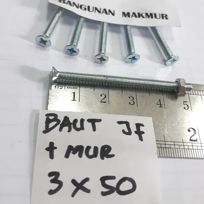 Baut Putih M3x50 + Mur Baut JF3x50 Kepala Obeng M3 x 50  per 10pcs
