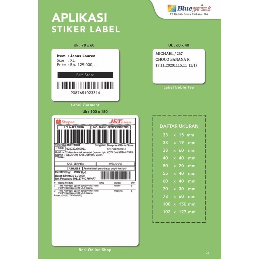 DIRECT THERMAL STICKER BLUEPRINT 78 X 120mm CORELESS ISI 10 ROLL